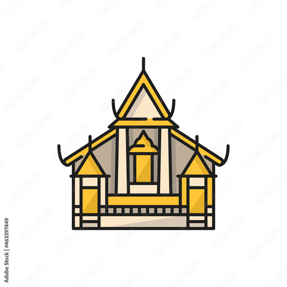 Thailand shrine house to protect spirit place isolated color line icon. Vector asian landmark, palace building, Thai culture architecture. Spirit house small roofed structure, mounted on pillar, dais