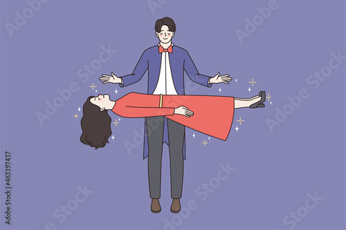 Magician work in circus make woman assistant float in air. Witcher perform magic focus or trick with lady levitating. Illusionist, magical performance. Cartoon character, vector illustration. 