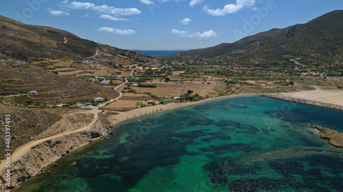Aerial drone photo of small secluded bay and sandy beach of Achilli featuring small chapel of Agios Nikolaos in Sporadic Aegean island of Skyros, Greece