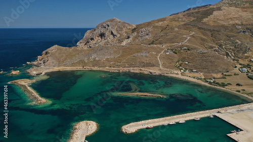 Aerial drone photo of small secluded bay and sandy beach of Achilli featuring small chapel of Agios Nikolaos in Sporadic Aegean island of Skyros, Greece