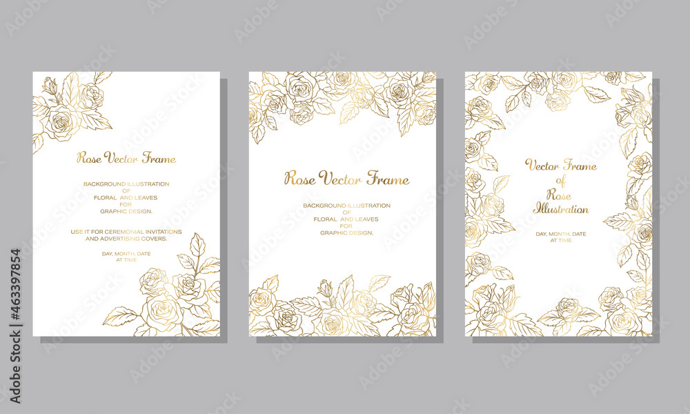 薔薇の花を装飾したデザインのフレーム テンプレート素材 金色の線画 白い背景 3点セット Stock Vector Adobe Stock