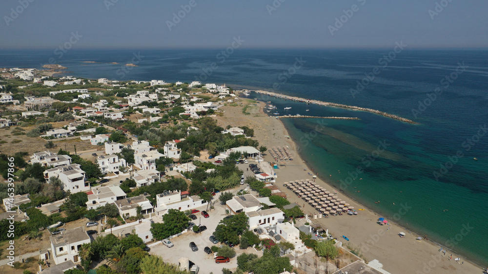 Aerial drone photo of small harbour of Molos a traditional boat safe anchorage near popular beach of Molos, Skyros island, Sporades, Greece 