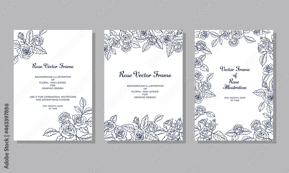 薔薇の花を装飾したデザインのフレーム テンプレート素材 線画のイラスト 白い背景 3点セット Stock Vector Adobe Stock