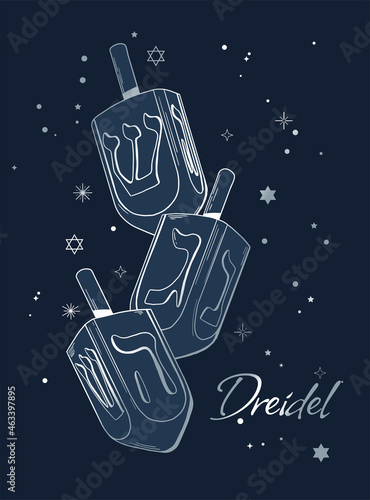 Greeting card for the holiday Hannuk. dark blue and silver dreidels 