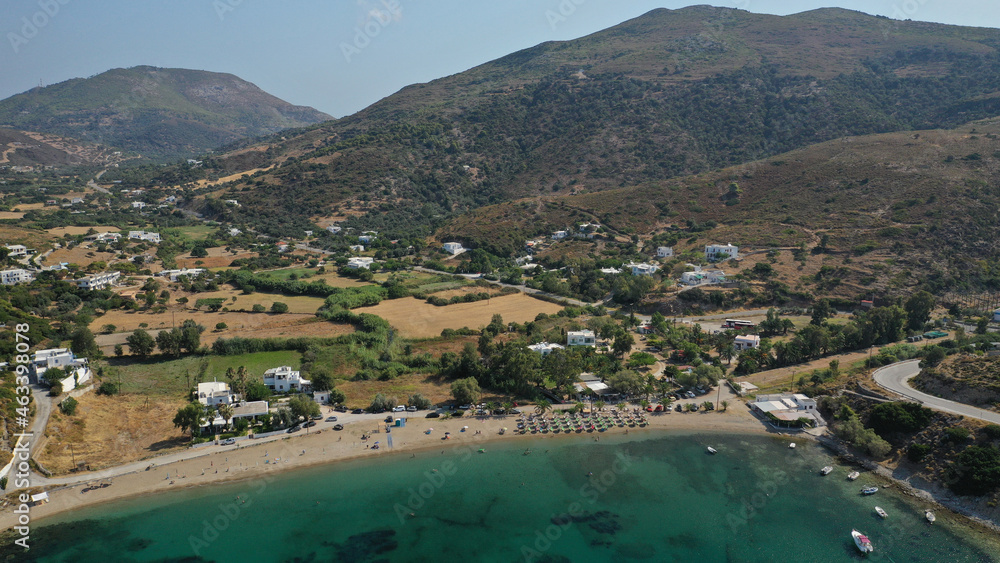 Aerial drone photo of organised sandy beach of Aherounes near picturesque main port of Skiros or Skyros island, Sporades, Greece