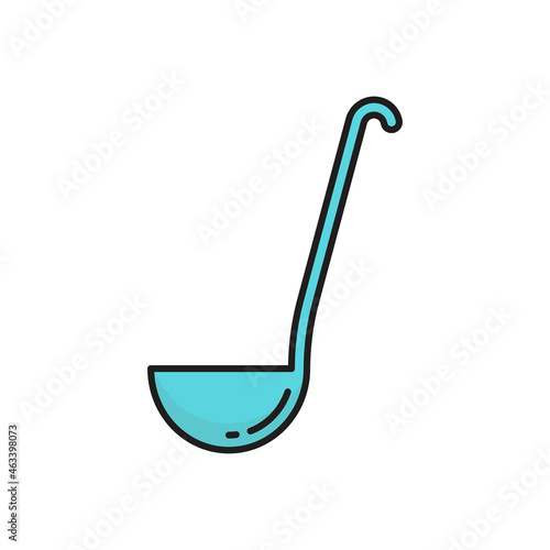 Ladle big spoon kitchenware isolated line icon. Vector blue kitchen utensil of aluminium, stainless steel, plastic ladle sign. Cooking implement instrument with long handle terminating in deep bowl