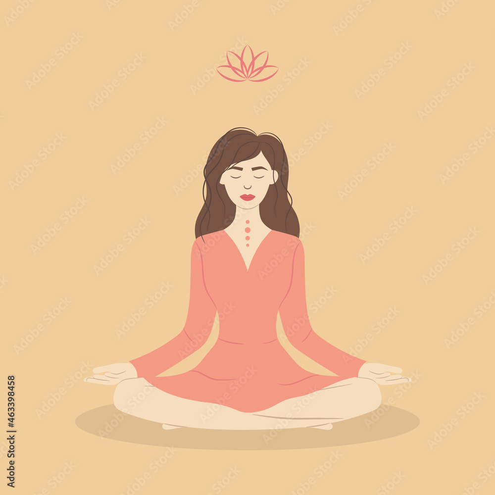 Girl meditating, illustration in flat cartoon style. Concept for meditation, relax, yoga, recreation, healthy lifestyle. Girl meditating, illustration in flat cartoon style. Concept for meditation, relax, yoga, recreation, healthy lifestyle.