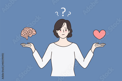 Unsure doubtful woman choose between brain and heart. Indecisive girl make choice among love and reason. Harmony and balance. Emotional intelligence. Thinking and emotions. Vector illustration. 