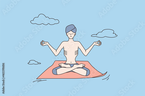 Yogi man in turban meditate practice yoga in lotus position mudra hands. Calm indian male guru instructor have meditation session, breathe fresh air relieve negative emotions. Vector illustration. 