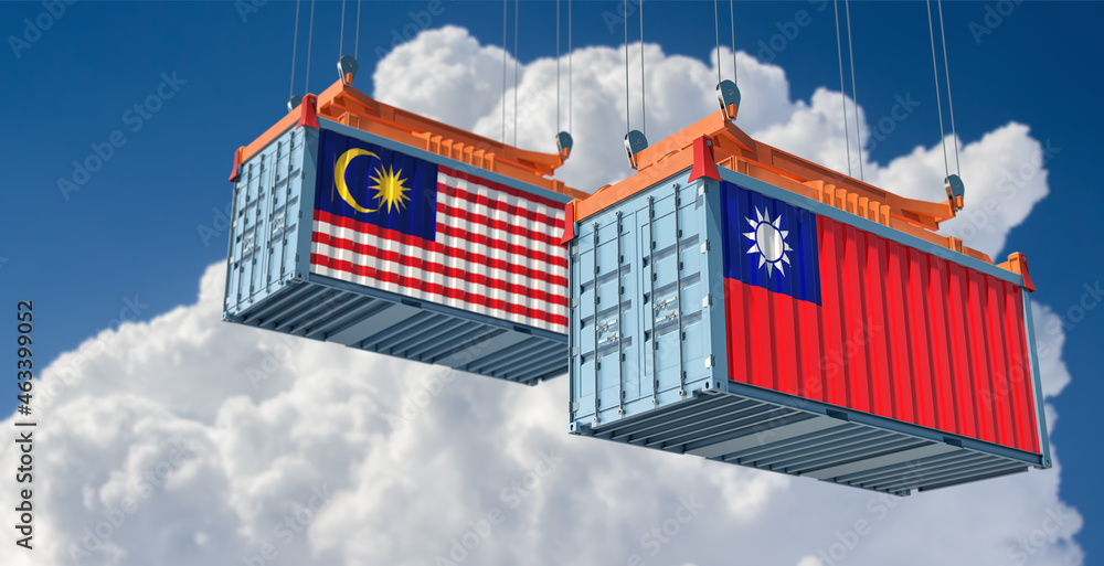 Shipping containers with Malaysia and Taiwan flag. 3D Rendering 