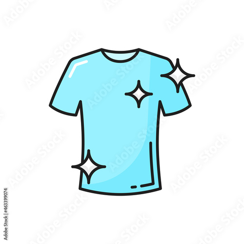 Clean t-shirt washed in detergent, dirty remover advert isolated color line icon. Vector laundry and laundromat wash sign. Bleach spots remover, sparkling t-shirt and sparkles of cleanup elements