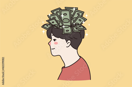 Money dollar banknotes grow from successful man head. Businessman financial capital growth. Intellectual investment. Finance and business concept. Prosperity and wealth. Vector illustration. 