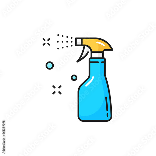 Sprayer disinfection cleaner isolated blue spray bottle color line icon. Vector cleaning, washing and disinfection sprayer. Antibacterial alcohol agent, sanitizer. Household chemical in flat style