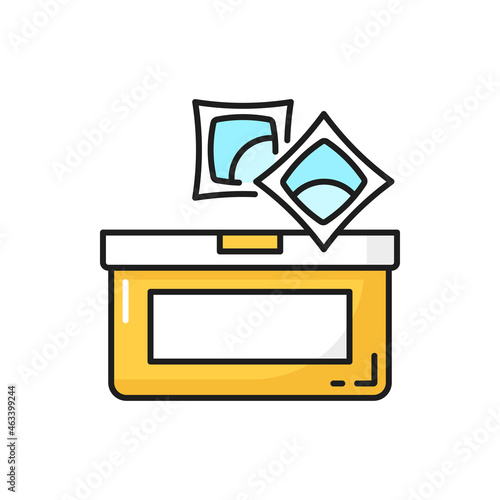 Dishwasher tabs or laundry gel tablets isolated color line icon. Vector dishwasher pods and container packaging, chemical soap supplements. Pair of plastic capsules with washing and cleaning detergent