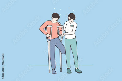 Personal caregiver help disabled man on crutches learn walking in rehab medical institution. Caring nurse work with handicapped injured male. Assistance, rehabilitation center. Vector illustration. 