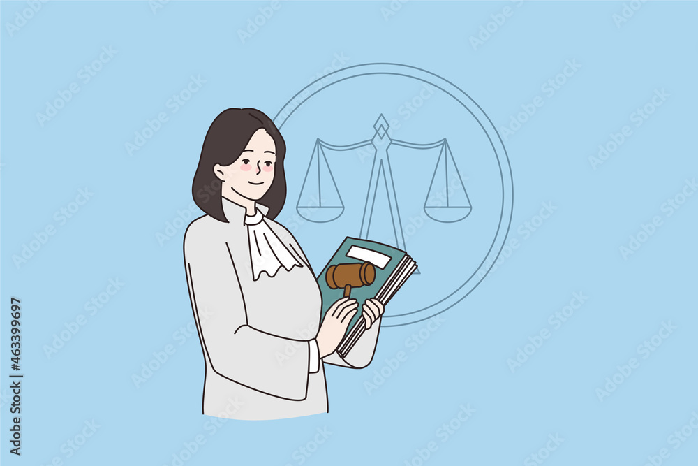 Woman judge with gavel and constitution in court at session. Female lawyer or judicial worker making legal verdict. Law and justice concept. Jurisdiction. Flat vector illustration, cartoon character.  - obrazy, fototapety, plakaty 