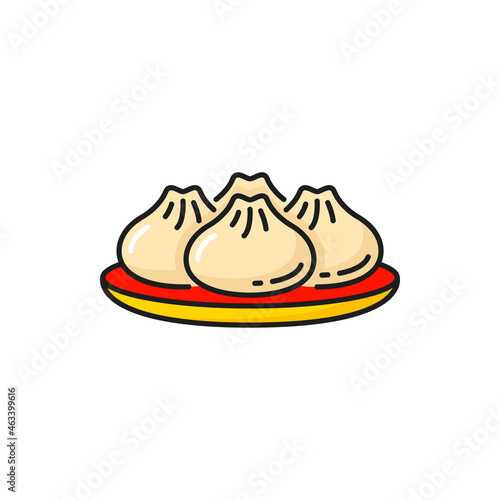Steamed stuffed baozi traditional chinese food on plate isolated. Vector asian bakery with fillings, steamed buns. Japanese lunch or dinner bau. Bao yeast-leavened filled bun, China cuisine food