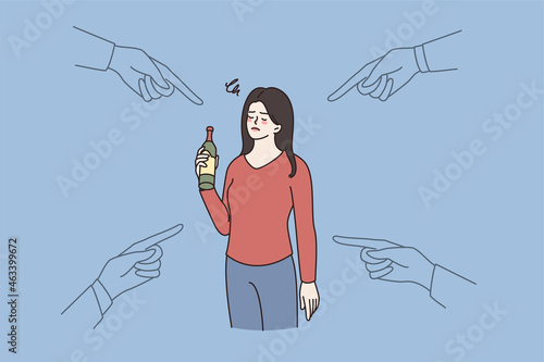 People point at drunk woman holding bottle in hand. Society blaming female with alcoholic addiction problem. Alcohol addict, bad unhealthy habit. Flat vector illustration, cartoon character. 