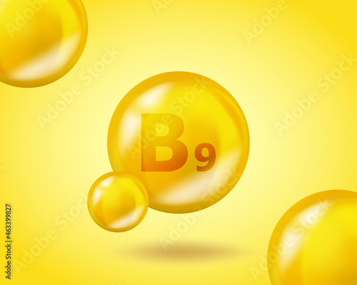 3D Vitamin drop B9 Folic acid pill capsule. Realistic B9 Folic acid Vitamin complex design illustration. Yellow drug nutrition design.