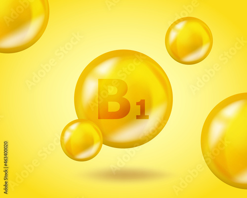 3D Vitamin drop B1 Thiamine pill capsule. Realistic B1 Thiamine Vitamin complex design illustration. Yellow drug nutrition design.