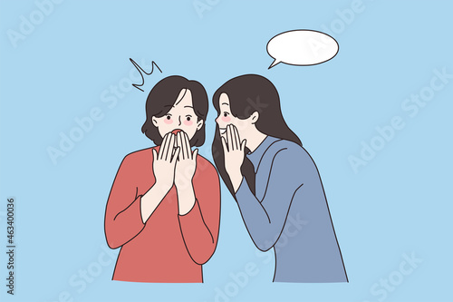 Excited millennial girlfriends gossip laughing joking. Smiling young women share secrets whisper in ear in private communication. Rumors spread concept. Cartoon character, vector illustration. 