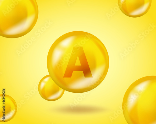 3D Vitamin drop A Retinol pill capsule. Realistic A Retinol Vitamin complex design illustration. Yellow drug nutrition design.
