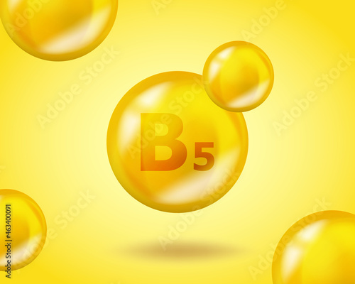 3D Vitamin drop B5 Pantothenic pill capsule. Realistic B5 Pantothenic Vitamin complex design illustration. Yellow drug nutrition design.