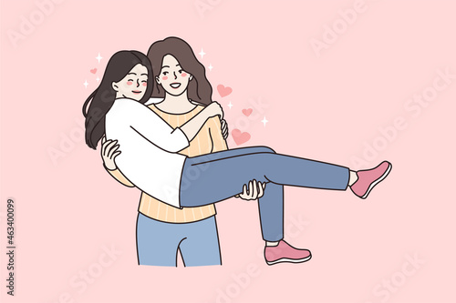 Happy woman hold in arms smiling girlfriend. Homosexual lesbian couple wedding. Overjoyed LGBT lovers celebrate free open relationships. Homosexuality, equality concept. Flat vector illustration. 