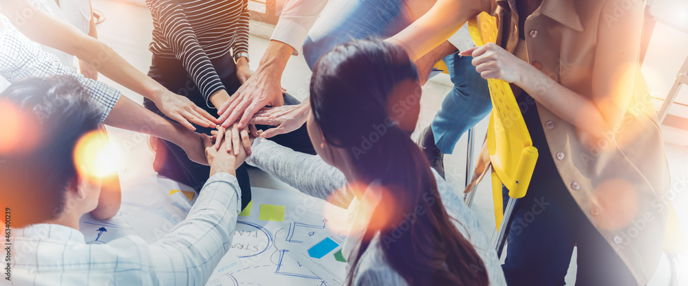 Panoramic Teamwork,empathy,partnership and Social connection in business join hand together concept.Hand of diverse people connecting.Power of volunteer charity work, Stack of people hand. - obrazy, fototapety, plakaty 