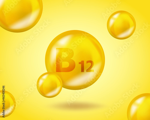 3D Vitamin drop B12 Cyanocobalamin pill capsule. Realistic B12 Cyanocobalamin Vitamin complex design illustration. Yellow drug nutrition design.