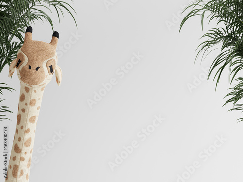 kids room interior mockup with giraffe and palm, jungle style, empty wall mockup in nursery photo