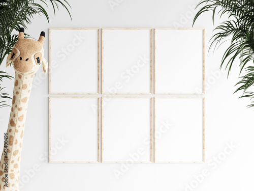 kids room interior frame mockup with giraffe and palm, jungle style, six wooden frames mockup in nursery photo