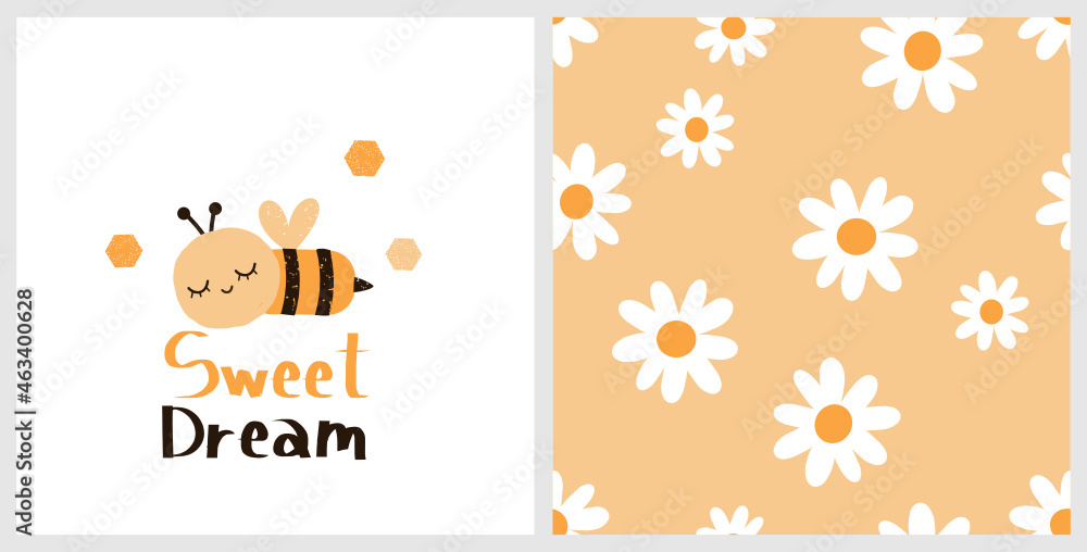 Set of daisy flower seamless pattern on orange background. Sleeping bee cartoon and hand written font on white background vector.