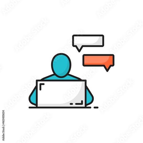 Freelancer chatting on compute, speech bubbles isolated color line icon. Vector businessman character or freelancer chatting on computer with speech bubble. Learning studying online, dialogue message
