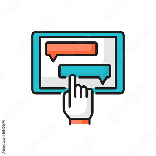 Checklist in application shopping chatting online isolated color line icon. Vector person hand touches screen by finger for voting, feedback, chatting communication in messenger, mobile application