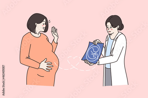Doctor show ultrasound picture future mother in hospital cabinet. Female nurse or gynecologist demonstrate baby photo to pregnant woman. Pregnancy, fertility, ivf treatment. Vector illustration. 