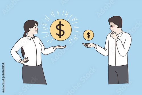 Man and woman hold different dollar coins show salary variation. Employees workers experience wage gap, stressed about money or earnings inequality. Rich and poor. Flat vector illustration.