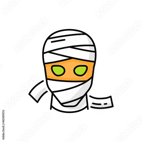 Face of mummified man mummy Halloween costume isolated outline icon. Vector Egypt pharaoh, undead zombie, outline creepy character in bandage. Mummified man, spooky monster head costume, green eyes