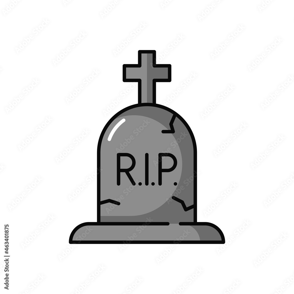 Grave, tombstone and cross RIP inscription outline color line icon. Vector burial headstone with cross, grave cracked stone with RIP inscription. Halloween symbol, cemetery and graveyard sign Grave, tombstone and cross RIP inscription outline color line icon. Vector burial headstone with cross, grave cracked stone with RIP inscription. Halloween symbol, cemetery and graveyard sign