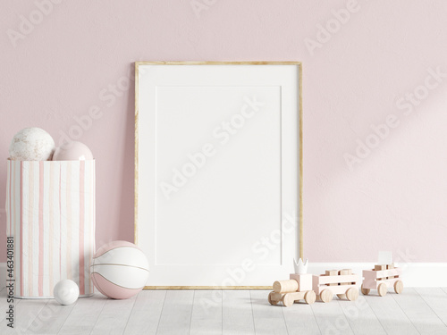 nursery mockup, poster mockup, wooden frame in kids room, 3d render
