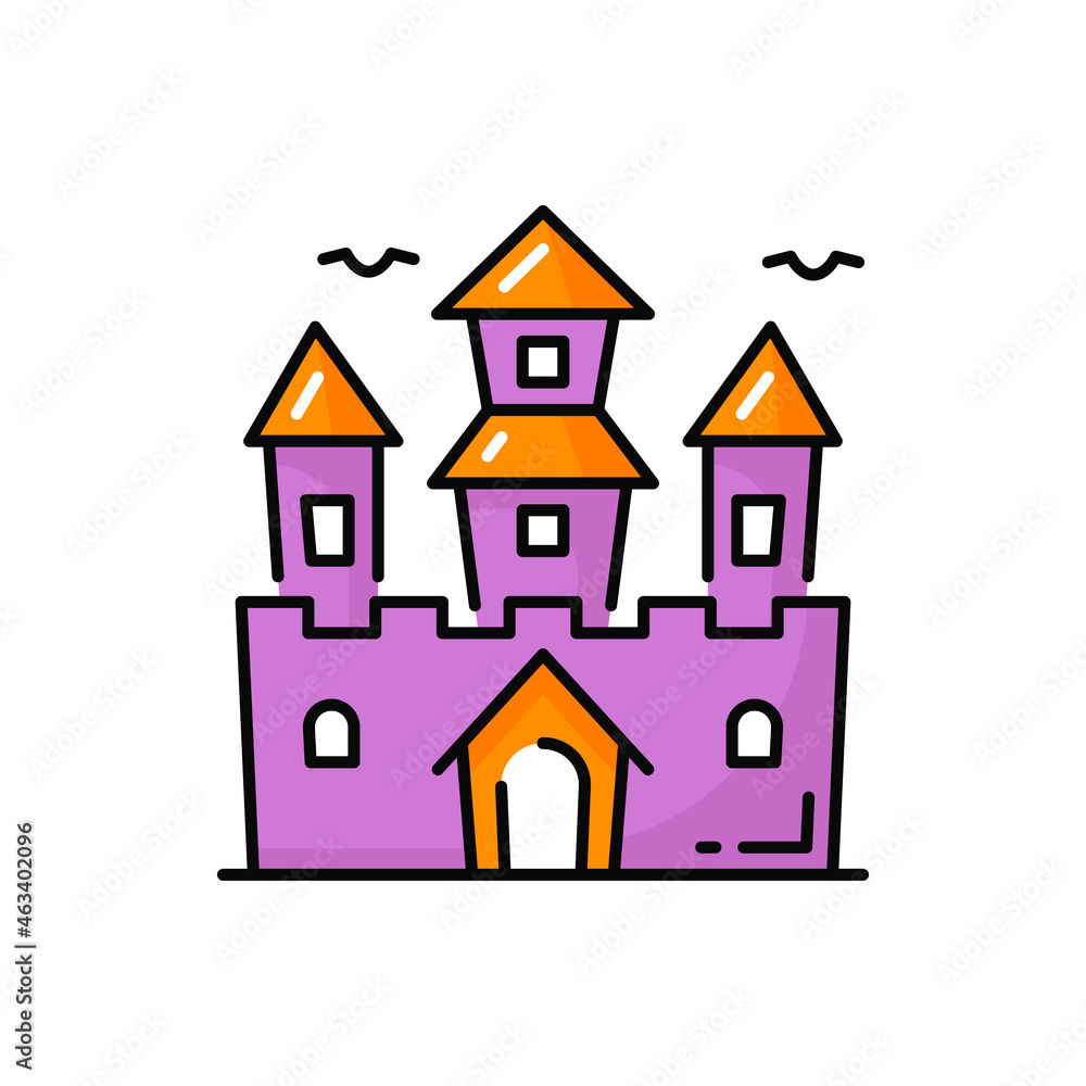 Fairytale castle fantasy fortress with raven birds isolated color line icon. Vector Dracula fortress, Halloween party symbol magic citadel. Purple fort building, magic house of dream, stronghold tower
