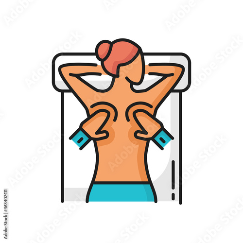 Spa, massage icon. Physiotherapist massaging woman lying on bed isolated color line icon. Vector masseur hands on womans back, chiropractic, rehabilitation. Thai massage, physiotherapy relaxation