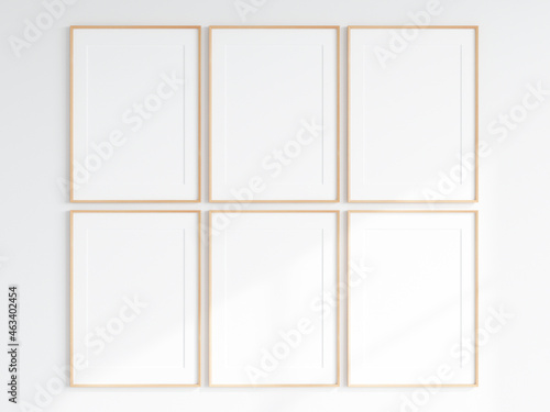 gallery mockup, poster mockup, wooden frames with matt on the wall, 3d render
