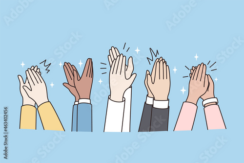 People hands applaud thank speaker or trainer for presentation. Excited audience clap after concert or performance. Acknowledgement, triumph, ovation concept. Flat vector illustration. 