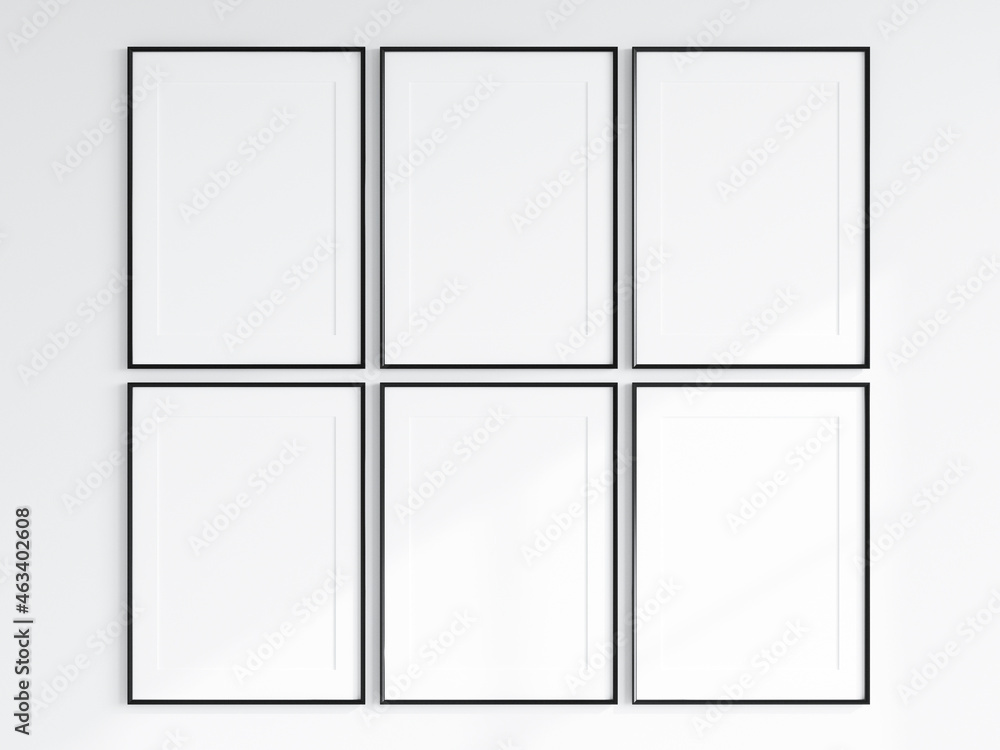 gallery frame mockup, six black frames with matt on the wall, 3d render gallery frame mockup, six black frames with matt on the wall, 3d render