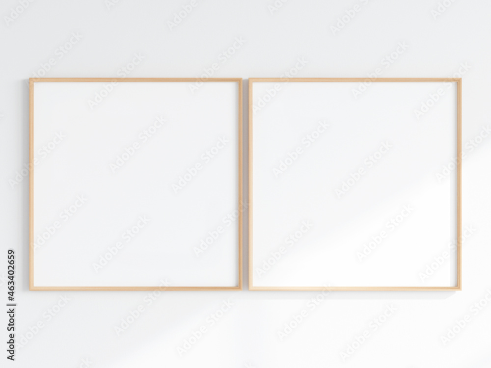 poster frame mockup, two square wooden frames on the wall, 3d render poster frame mockup, two square wooden frames on the wall, 3d render
