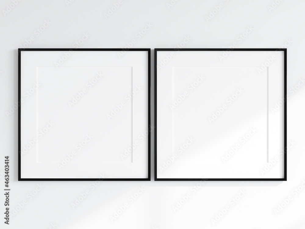 two black square frames on the white wall, gallery frame mockup with matt two black square frames on the white wall, gallery frame mockup with matt