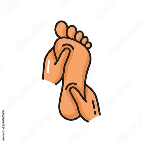 Foot massage, pedicure and spa footcare procedure isolated outline icon. Vector masseur hands massaging barefoot lady. Foot treatment, japanese shiatsu. Reflecting points on feet, woman legs cosmetics