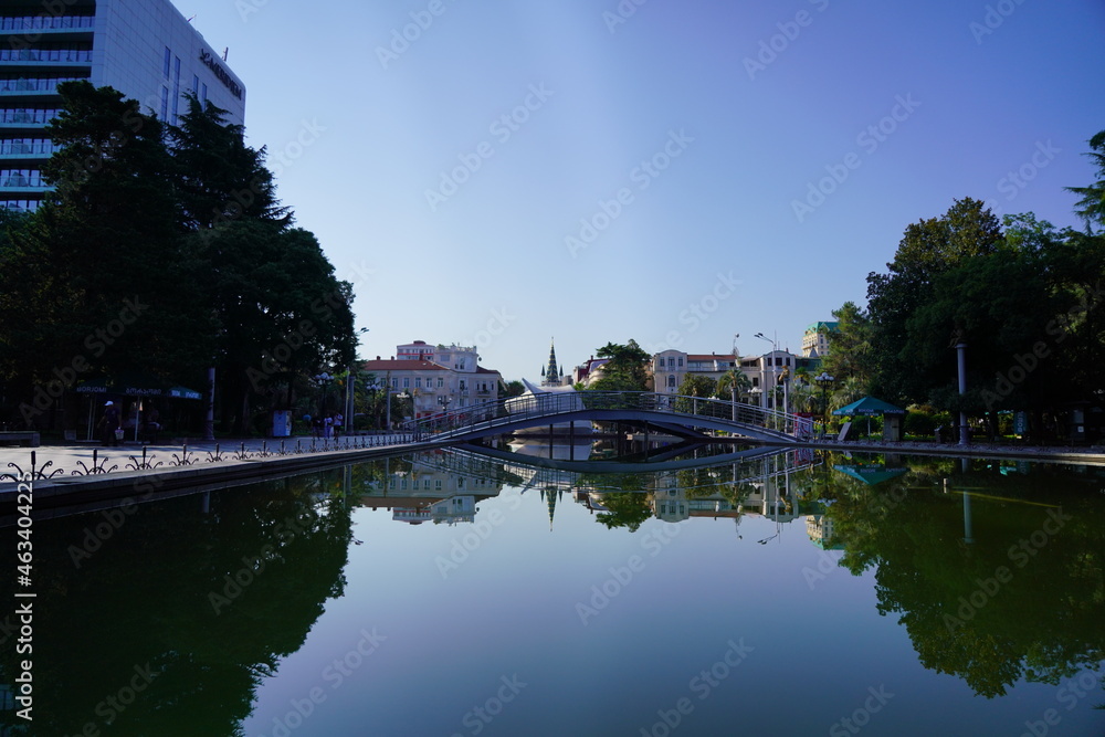 Batumi, Georgia - August 06, 2021: Reflection of the boulevard in the water
