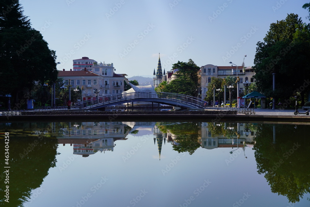 Batumi, Georgia - August 06, 2021: Reflection of the boulevard in the water